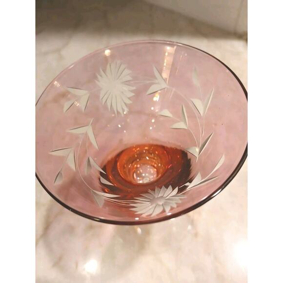 Murano Etched 1 Cocktail Cordial Glass Red 5" Barware Hand Blown Italy Antique - Picture 4 of 12